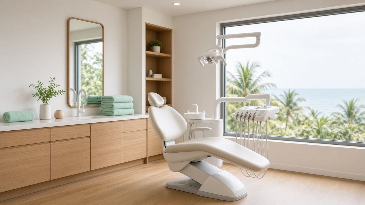 Bright dental treatment room with a chair by a window, the kind of clinic we match in Nha Trang and Da Nang