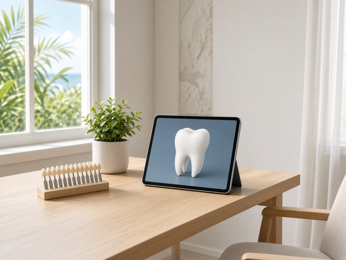 Dental consultation desk with a shade guide and daylight